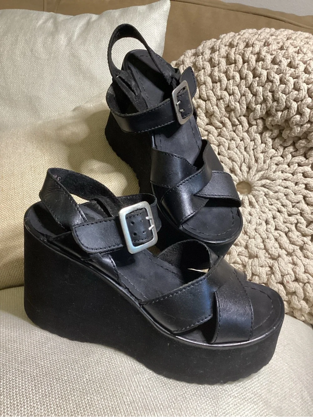 Black Platform Wedge Sandals with Buckle Strap